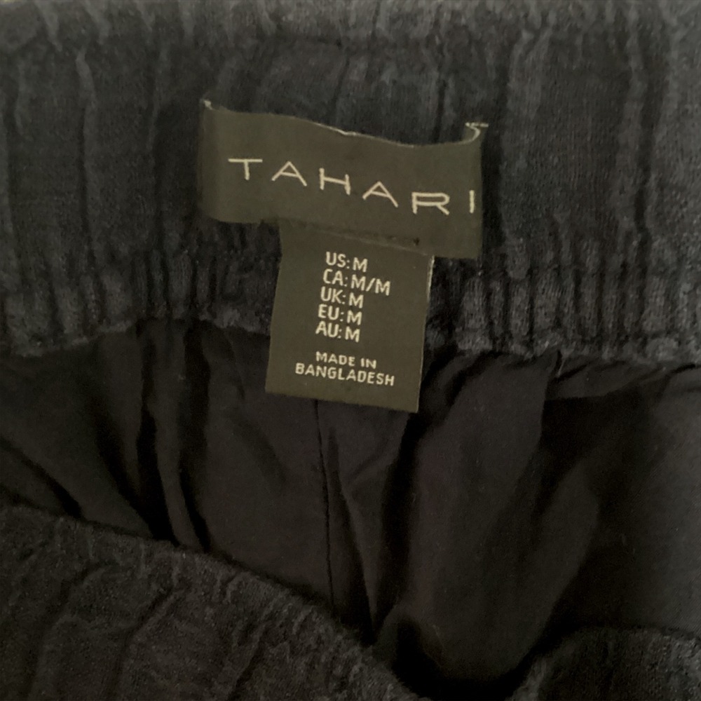Tahari Linen Wide Leg Cropped Pants Womens Size Medium Navy Blue Crinkle Boho - Picture 3 of 8